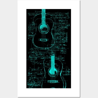 Teal Neon Acoustic Guitar Da Vinci blueprint Acoustic Guitar Posters and Art